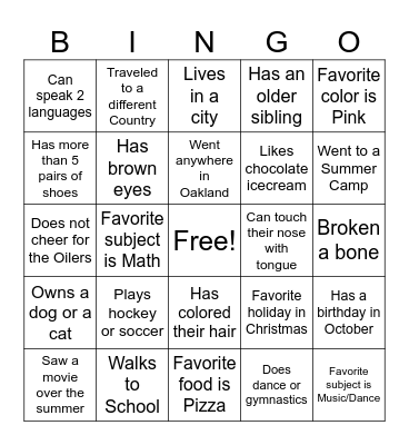 Classroom Bingo Card