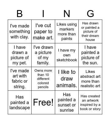 1st Day of Art Class Bingo Card