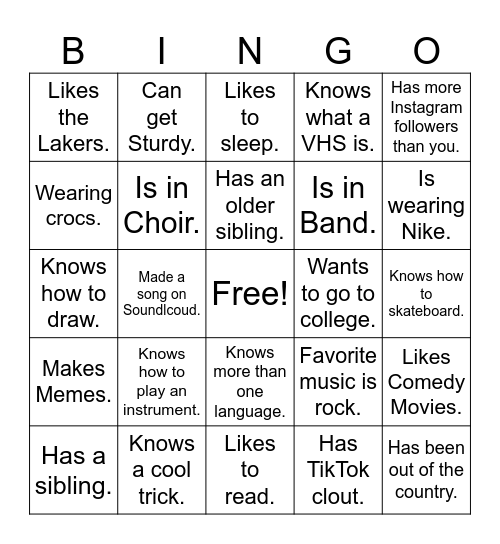 Get to know Class Bingo Card