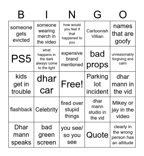 Dhar Mann Bingo Card