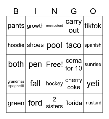 Personality bingo Card