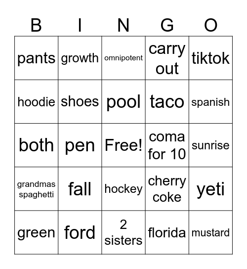 Personality bingo Card