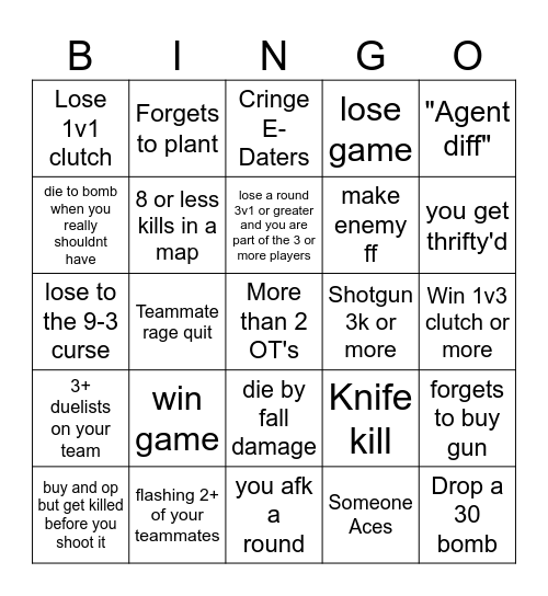 Valorant Drinking Game Bingo Card