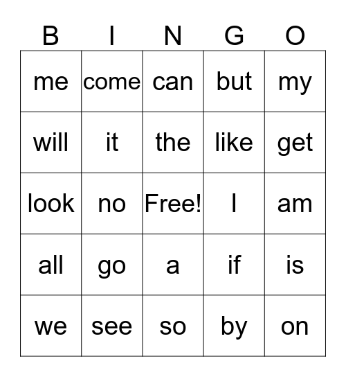 Sight Word Bingo Card