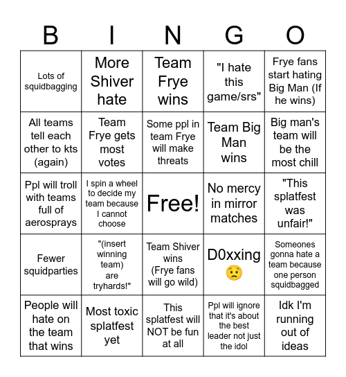 Splatfest predictions Bingo Card