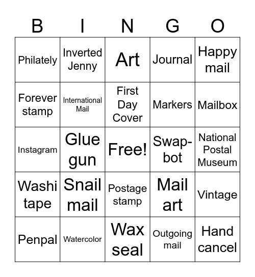 Snail Mail Bingo Card