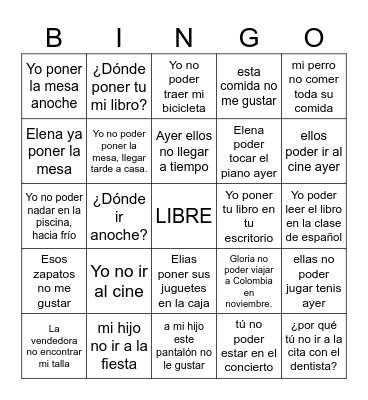 VERBOS EN PASADO CABER CUP/PONER PUS/PODER PUD Bingo Card