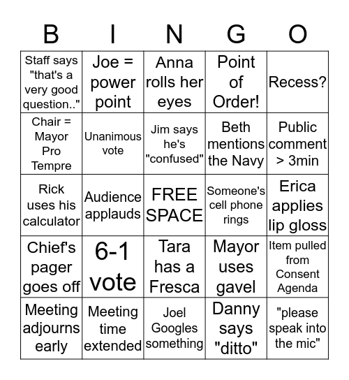 Council Meeting BINGO! Bingo Card