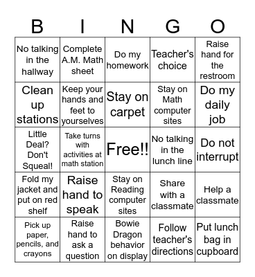Behavior Bingo! Bingo Card