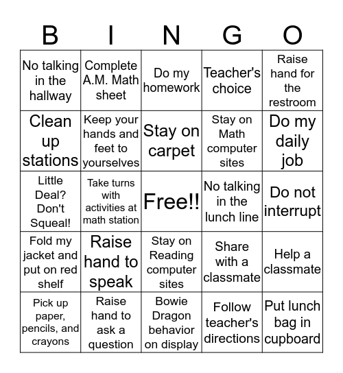 Behavior Bingo! Bingo Card