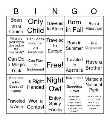 Team Building Bingo Card