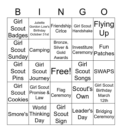World Thinking Day Bingo Card