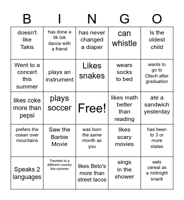 Get to know you Bingo Card