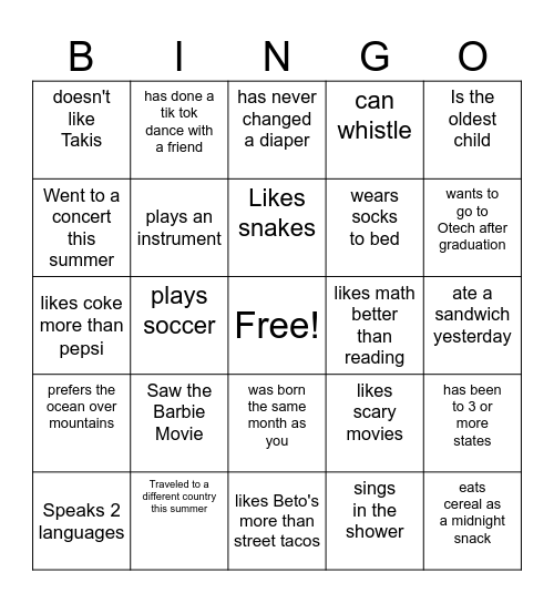 Get to know you Bingo Card