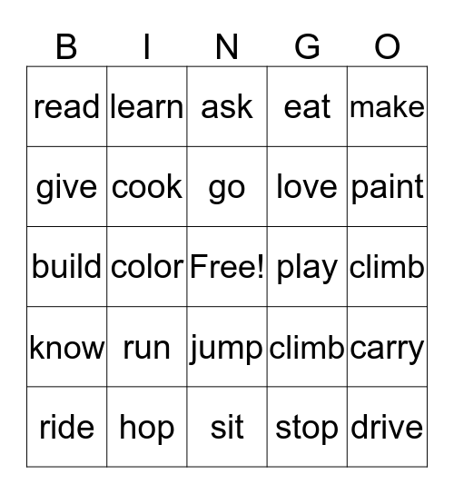 Verb Words Bingo Card