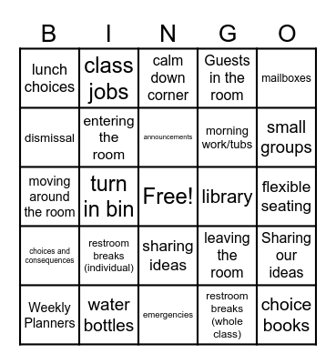 Routines & Procedures BINGO Card