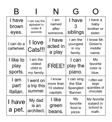 Middle School Bingo Card