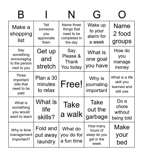 Life Skills Bingo Card