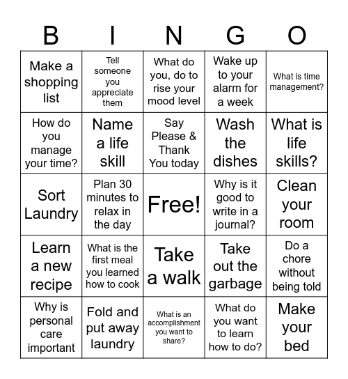 Life Skills Bingo Card