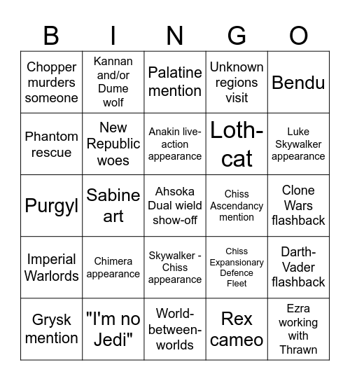 Ahsoka Show Bingo Card