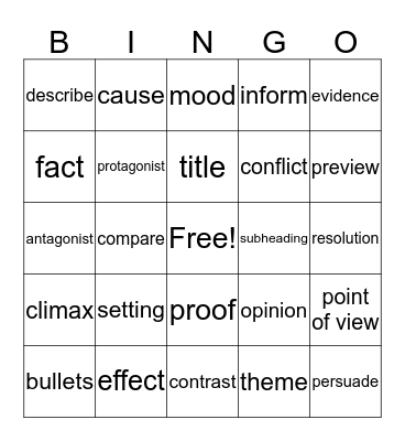 Vocabulary Review Bingo Card