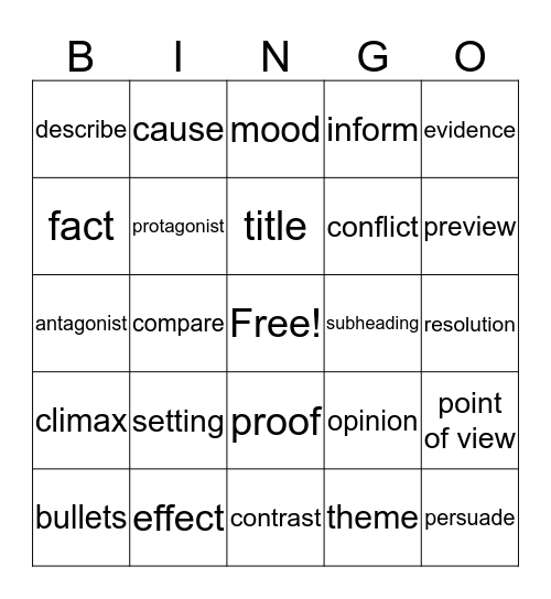 Vocabulary Review Bingo Card