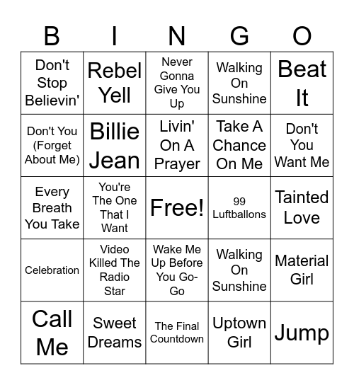 Music Bingo - 80s Round Bingo Card