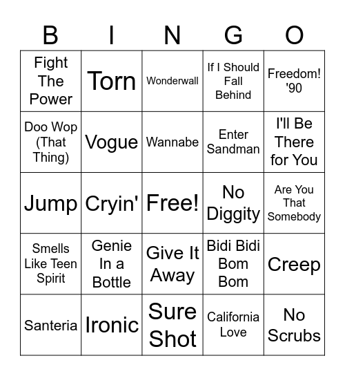 Music Bingo - 90s Round Bingo Card
