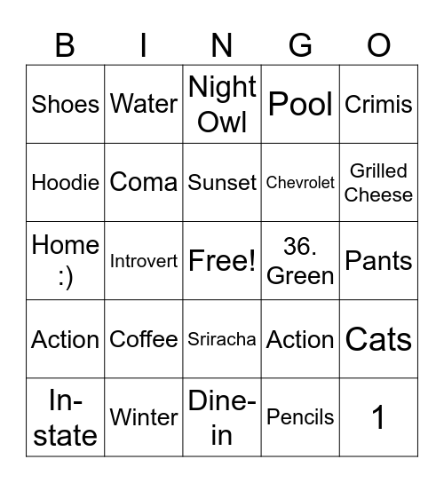 Personality Bingo Card
