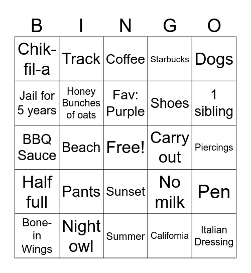 Isabela's Personality quiz Bingo Card