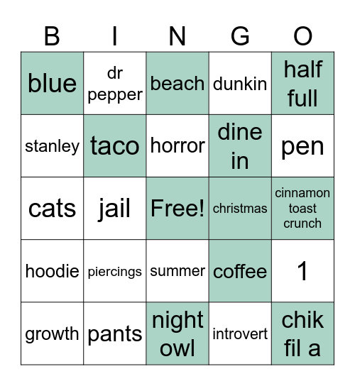 Personality Bingo Card