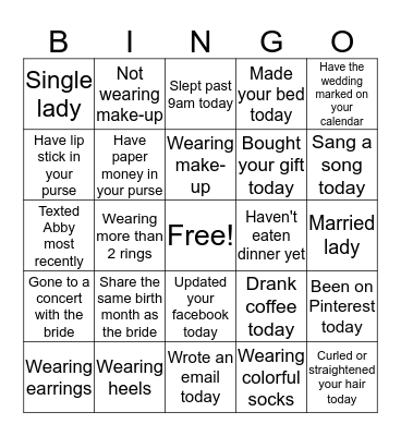 Bachlorette Party Bingo Card