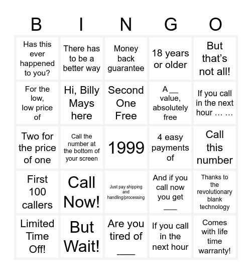 Billy Mays Bingo Card