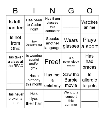 Psych 1100 Bingo Card