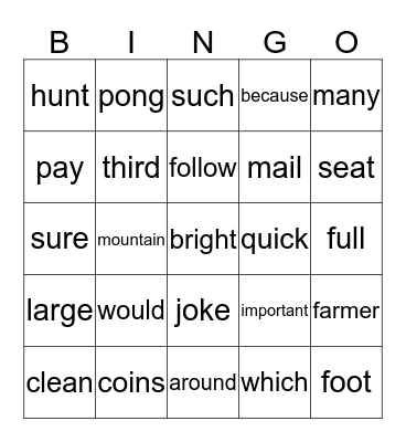 2nd Grade Sight Words Bingo Card