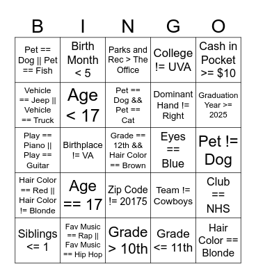 Boolean BINGO Card