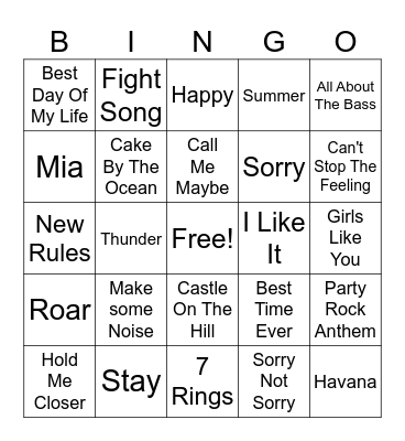 Kidz Bop Bingo Card