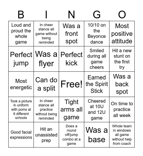 Cheer Bingo Card