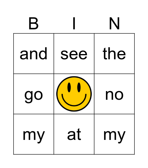 Sight Words Bingo Card