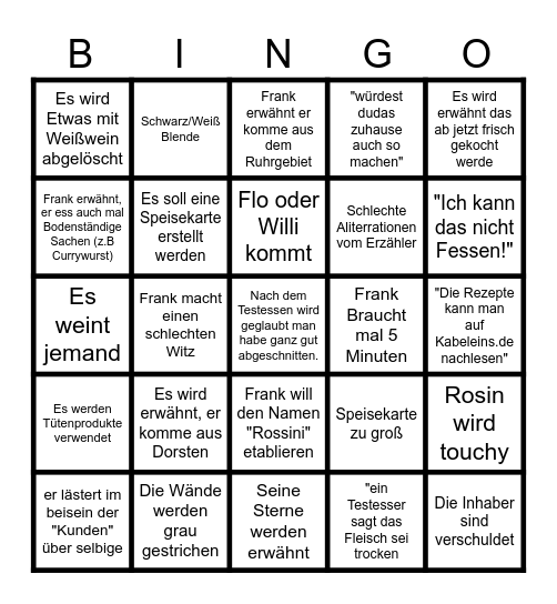 Rosins Restaurant Bingo Card