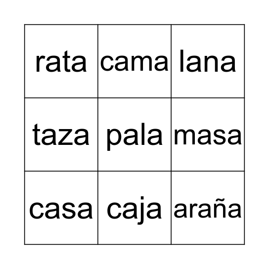 Palabras con a Bingo Card