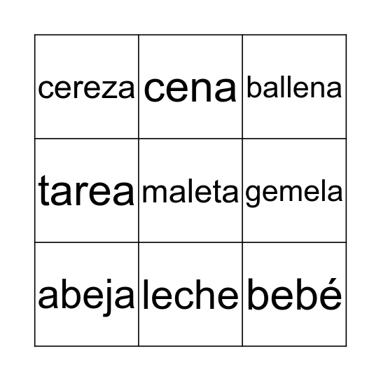 Palabras con a - e Bingo Card