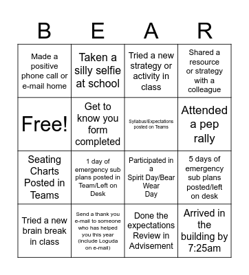 Semester Start-Up "BEAR" Bingo Card
