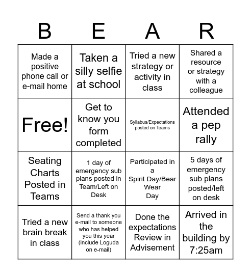 Semester Start-Up "BEAR" Bingo Card