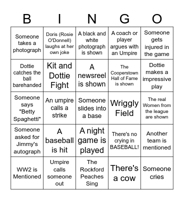A League of Their Own Bingo Card