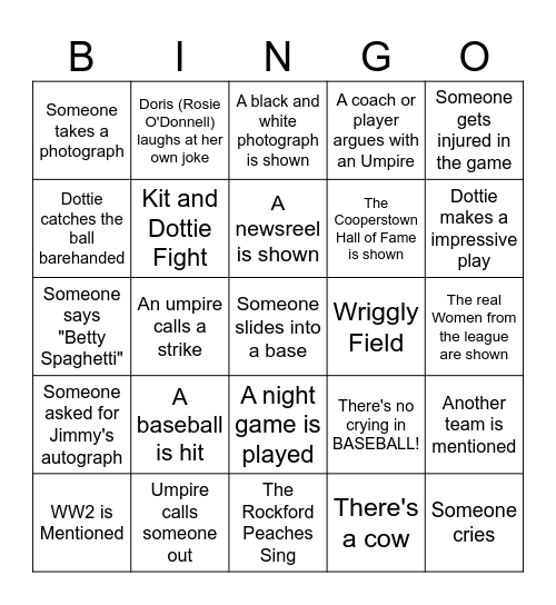 A League of Their Own Bingo Card