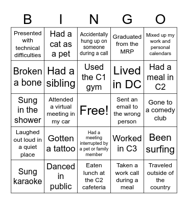 Never Have I Ever... Bingo Card