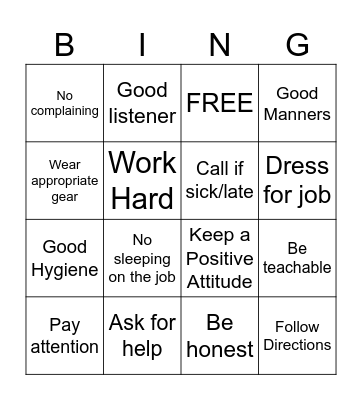 Workplace Readiness Bingo Card