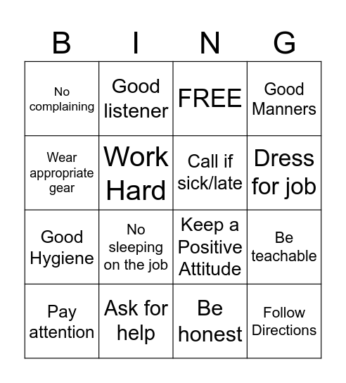 Workplace Readiness Bingo Card