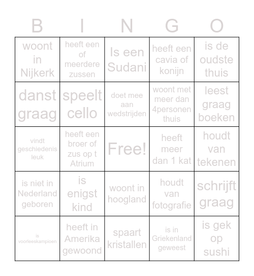 Kennismakingsbingo  klas1 Bingo Card